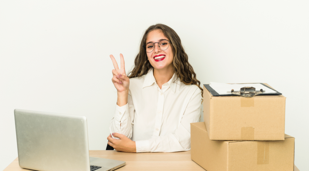 Mulher lojista feliz em seu escritório com um computador e caixas em cima de sua mesa